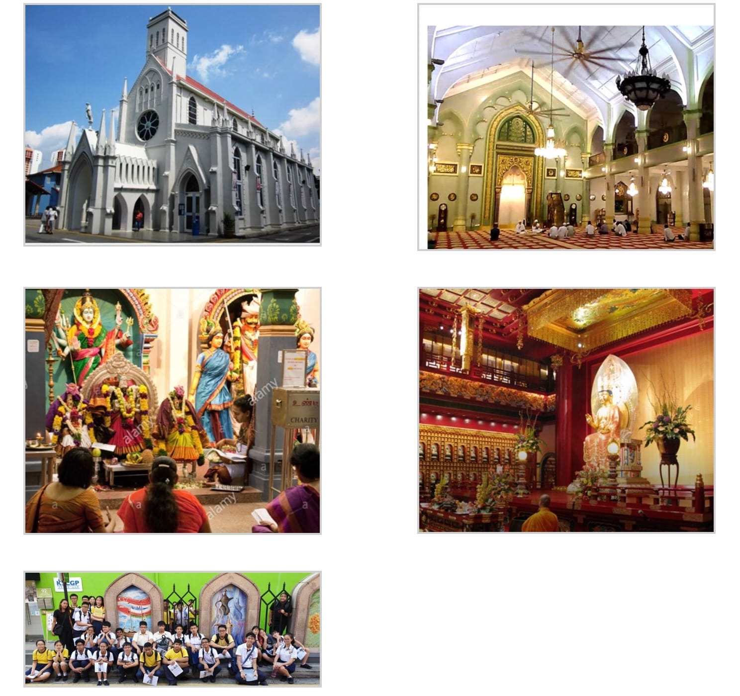 Five photos showing a church exterior, mosque interior, Hindu temple statues, Buddhist shrine, and students posing outdoors.